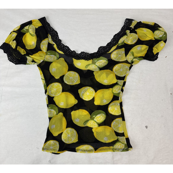 Y2K Kimchi Top Lemons Small Urban Outfitters Lace Yellow Black Cinched Sheer - Picture 9 of 9